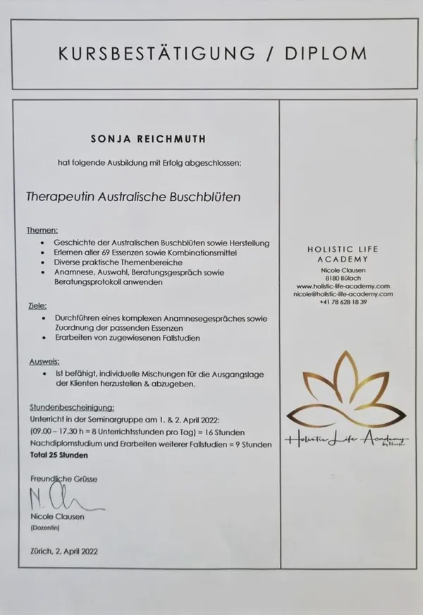 Diplom Therapeutin Australische Buschblüten, Holistic Life Academy, 2022