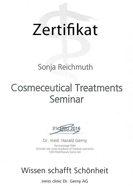 Zertifikat Cosmeceutical Treatments Seminar, 2016