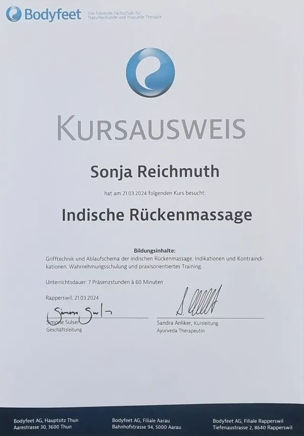 Kursausweis Indische Rückenmassage, Bodyfeet, 2024